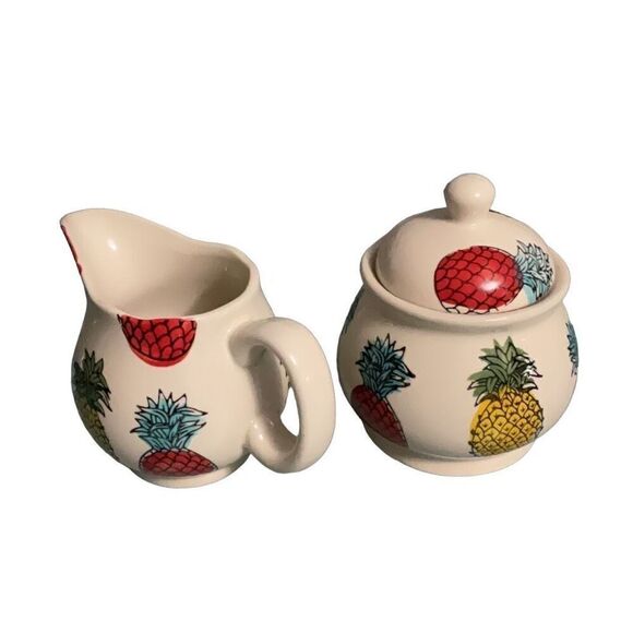 Signature Housewares Stoneware Sugar Bowl with Lid and Creamer Set Pineapple - Picture 1 of 4